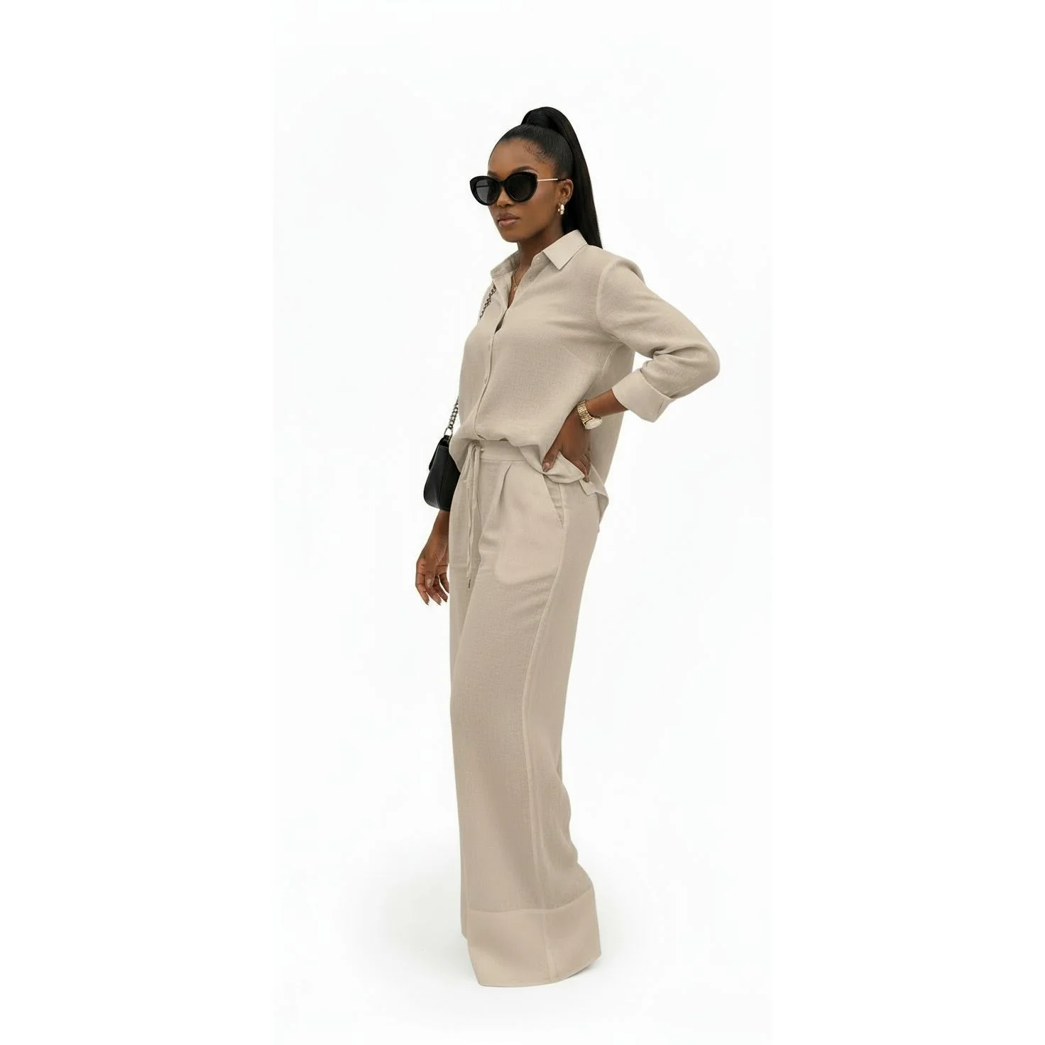 Button Up Long Sleeve Top & Wide Leg Pants Outfit Set - Image 2