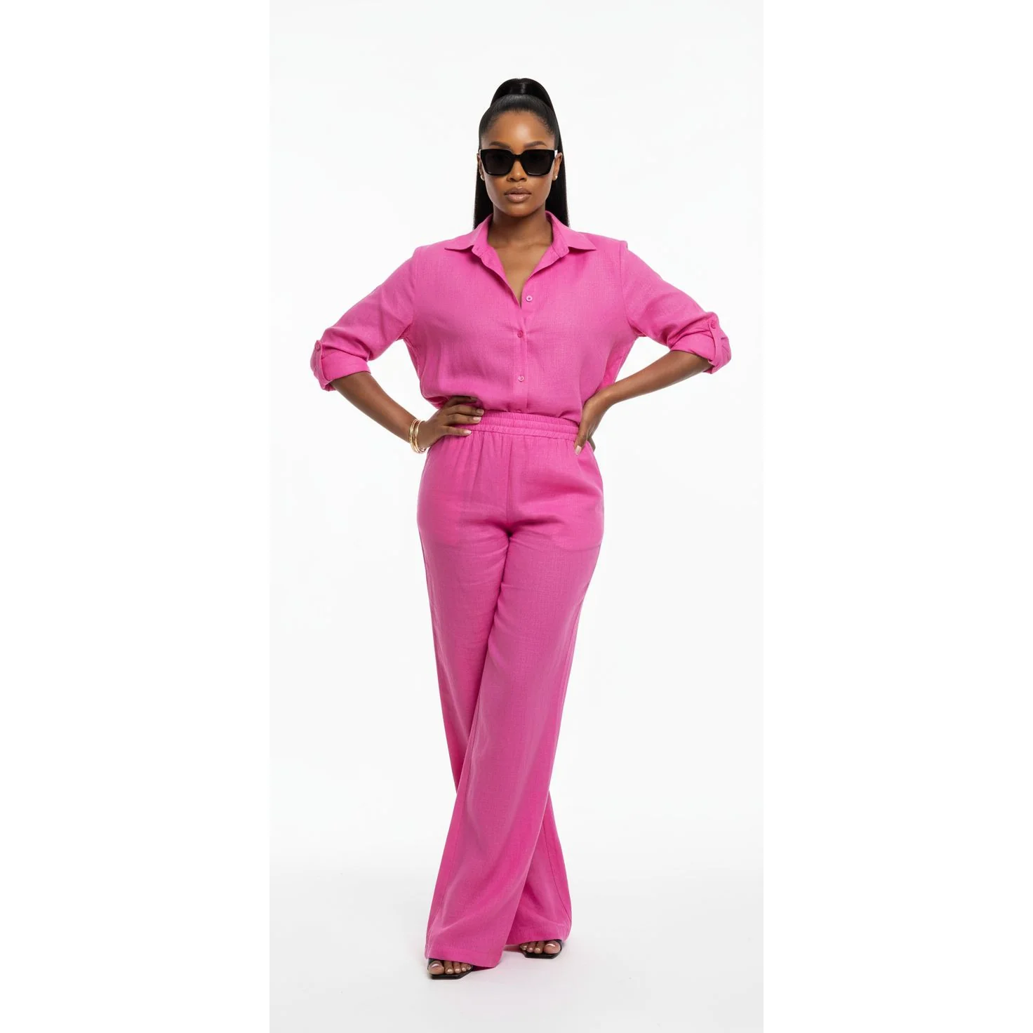 Button Up Long Sleeve Top & Wide Leg Pants Outfit Set - Image 4