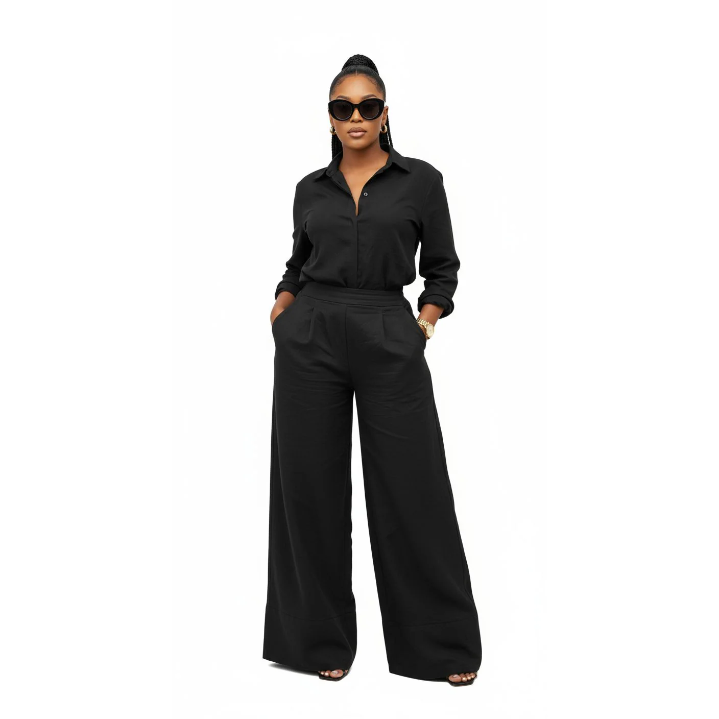 Button Up Long Sleeve Top & Wide Leg Pants Outfit Set - Image 5