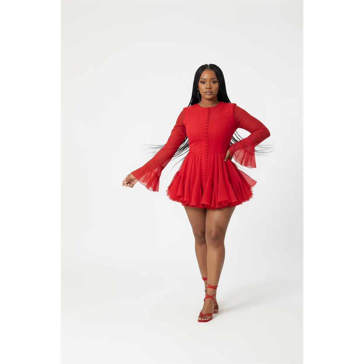 Buttoned Floral Bud Long Sleeve Slim Ruffle Dress