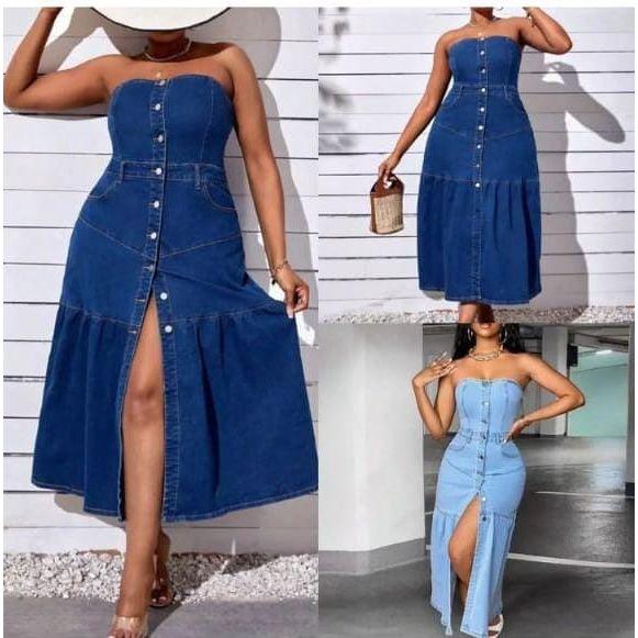 Buttoned Front Tube Denim dress - Image 2