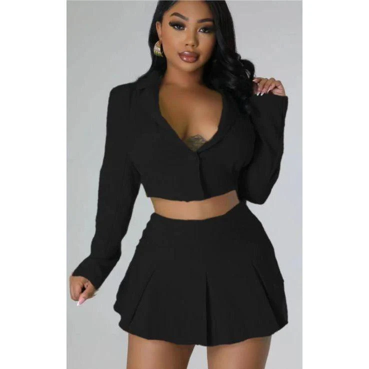 Buttoned Long Sleeve Top And Pleated Mini Skirt Set - Image 2