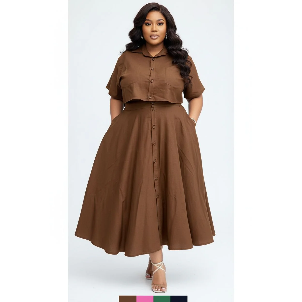 Buttoned Short Sleeve Top and Skirt Set - Image 2
