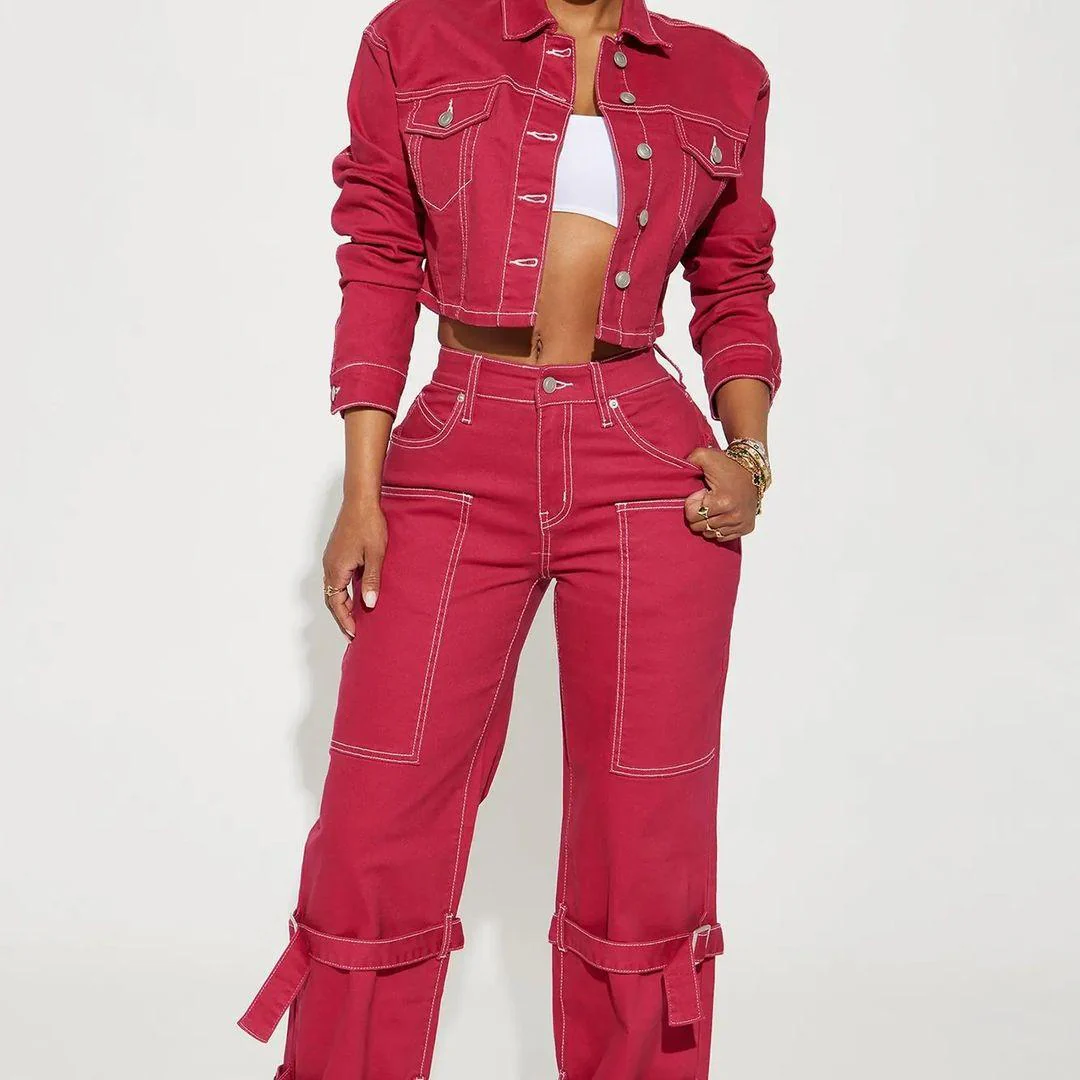 Buttoned Solid Color Top & Pant Set - Image 4