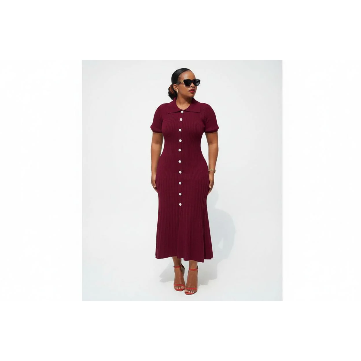 Buttons Knitting Ribbed Bodycon Midi Dress - Image 5