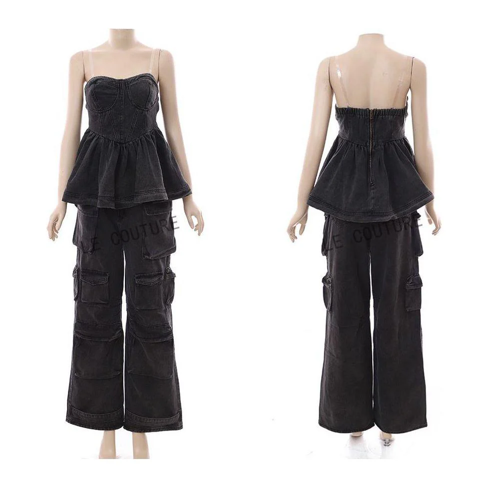 Denim Cargo Pants with Off-Shoulder Ruffle Top - Image 3
