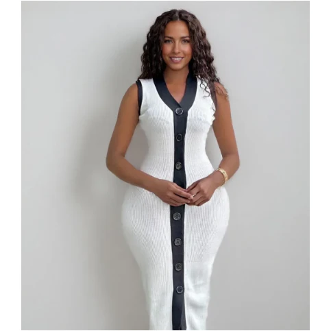 Casual Contrast Color Knitted V-Neck Sleeveless Slim Fit Dress - Image 2