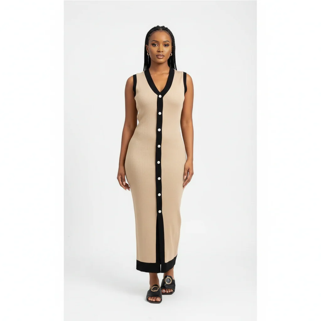 Casual Contrast Color Knitted V-Neck Sleeveless Slim Fit Dress - Image 5