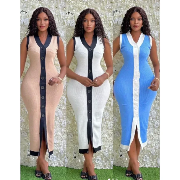Casual Contrast Color Knitted V-Neck Sleeveless Slim Fit Dress - Image 6