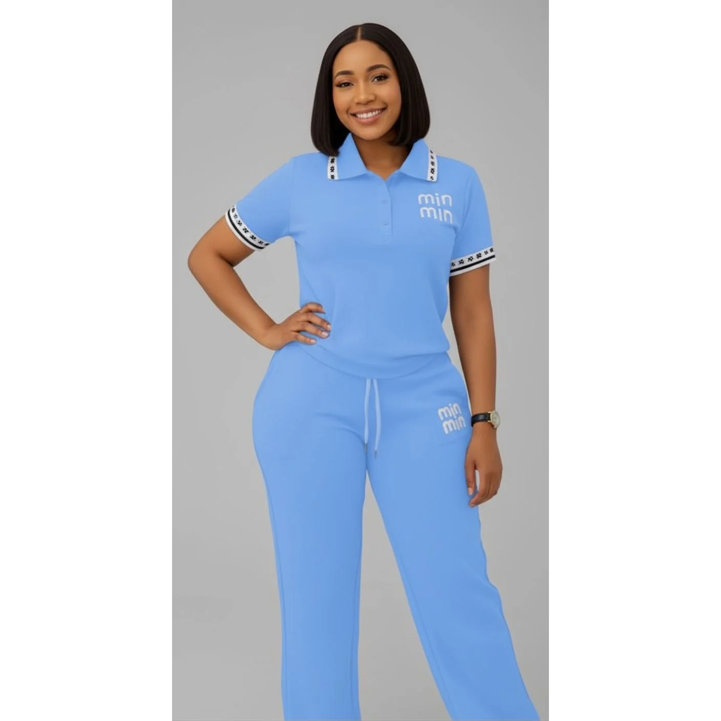 Casual Golf Shirt And  Solid Color Pants 2 Piece Set - Image 3