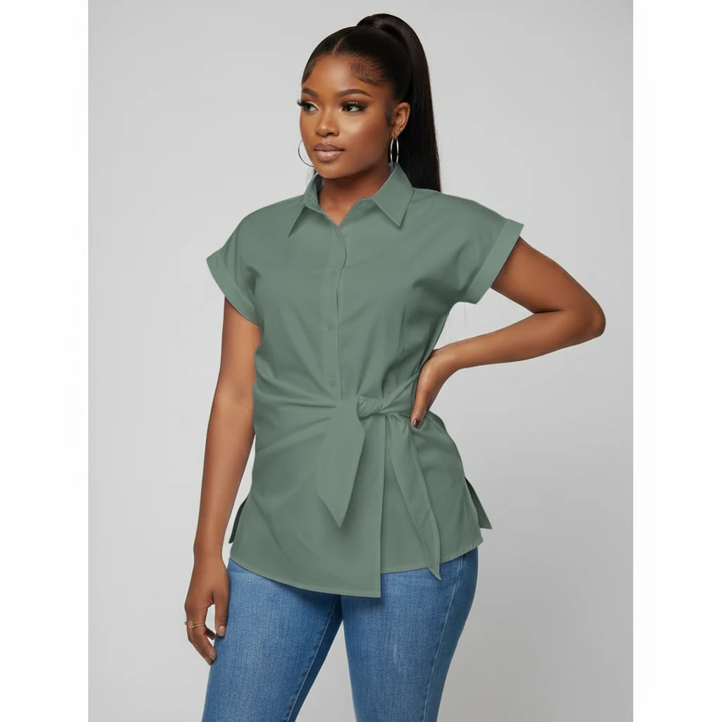 Casual Short Sleeve Turn Down Collar Office Lady Blouse Tops - Image 2