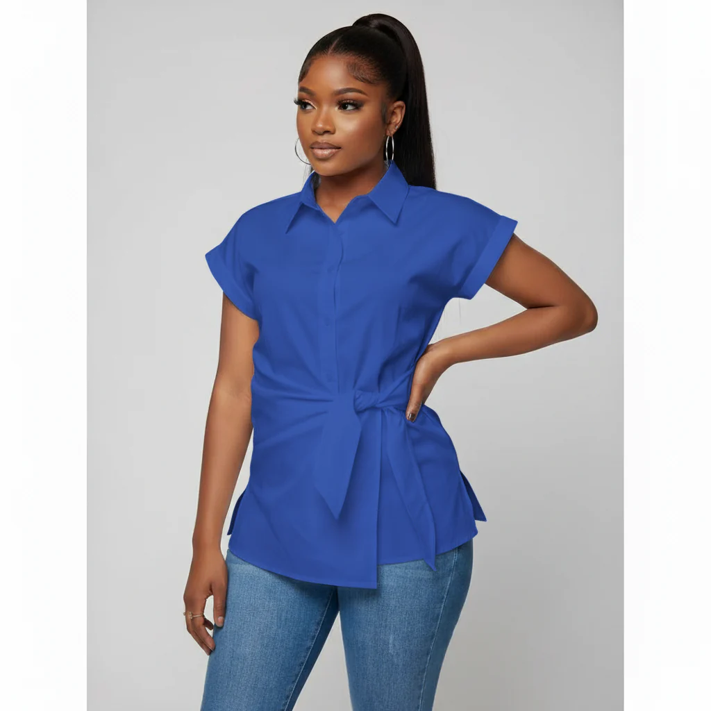 Casual Short Sleeve Turn Down Collar Office Lady Blouse Tops - Image 3