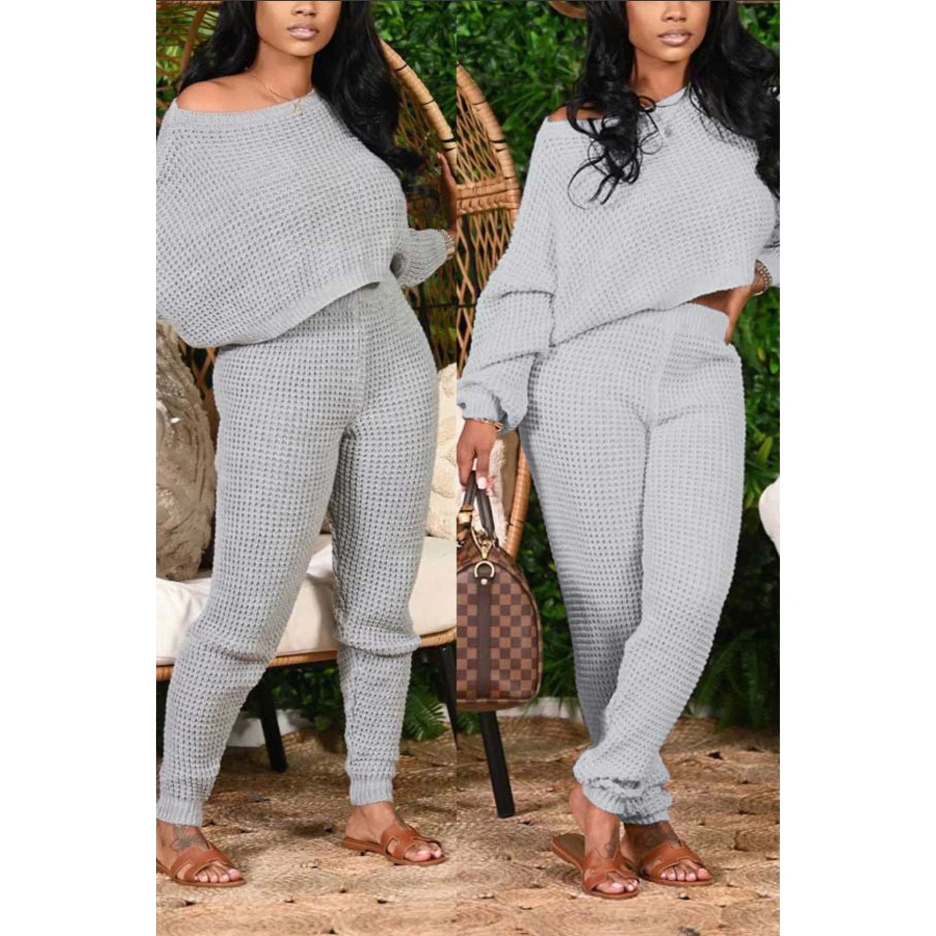 Casual Solid Color Bat Sleeve Sweater Set - Image 3