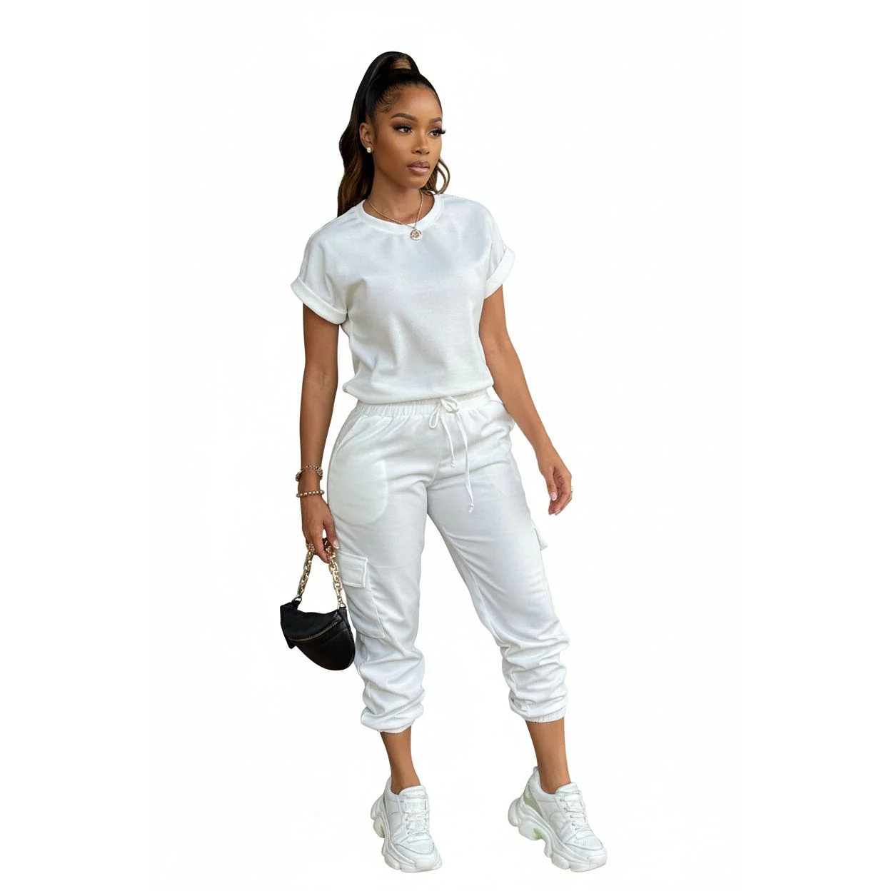 Casual Solid Drawstring Waist Pants & Plain Top Set - Image 2
