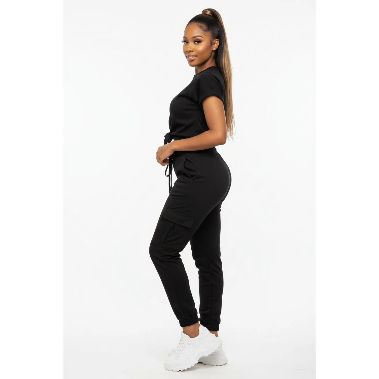 Casual Solid Drawstring Waist Pants & Plain Top Set - Image 3