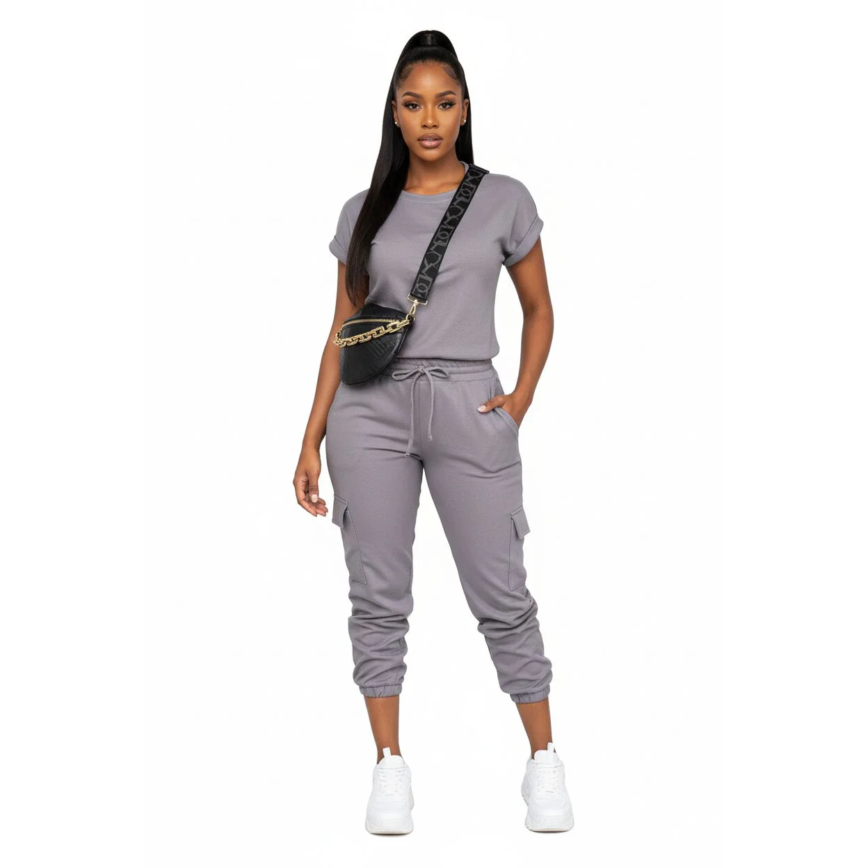 Casual Solid Drawstring Waist Pants & Plain Top Set - Image 4