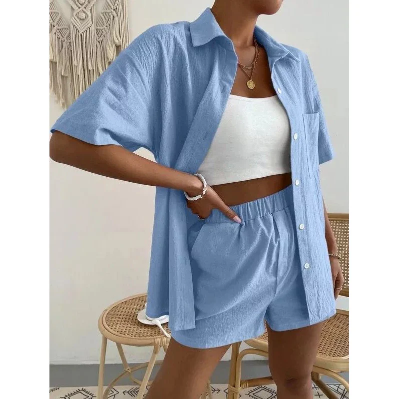 Casual Solid Color Long Sleeve Shirt With Short Outfit Set - Image 2