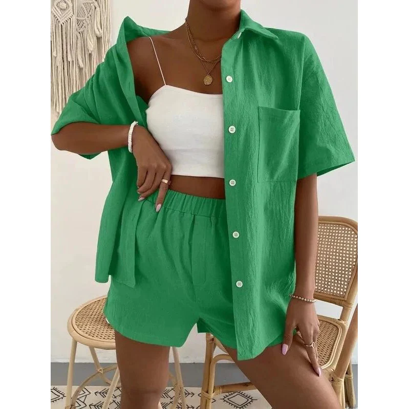 Casual Solid Color Long Sleeve Shirt With Short Outfit Set - Image 3