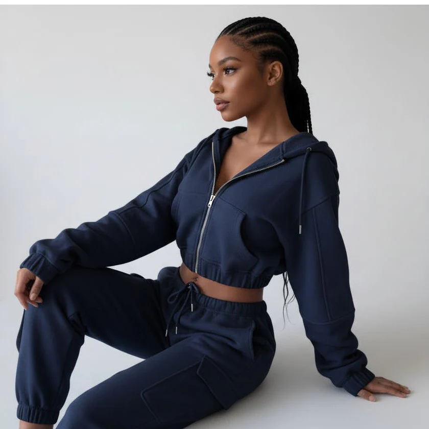 Zip-Up Crop Jacket & Elastic Straight-Leg Pants - Image 2