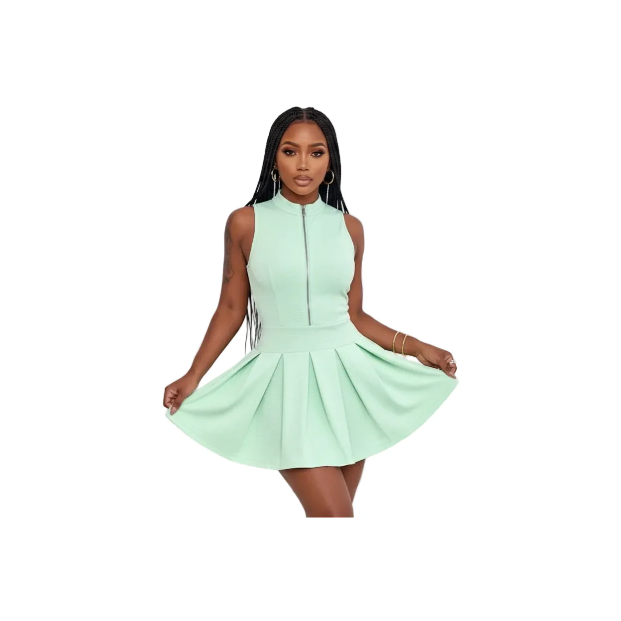 Casual Solid Zipper Half-Front Pleated Mini Dress - Image 4