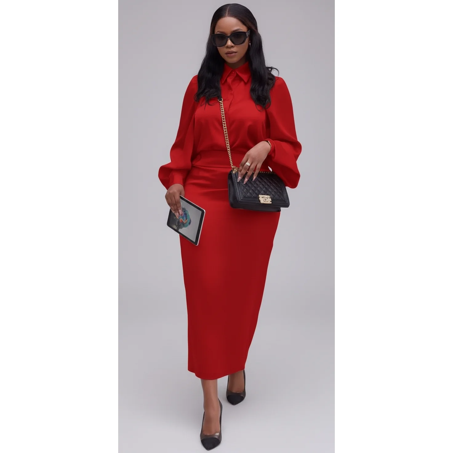 Casual Split Long Sleeve Top And Midi Skirt Set. - Image 2