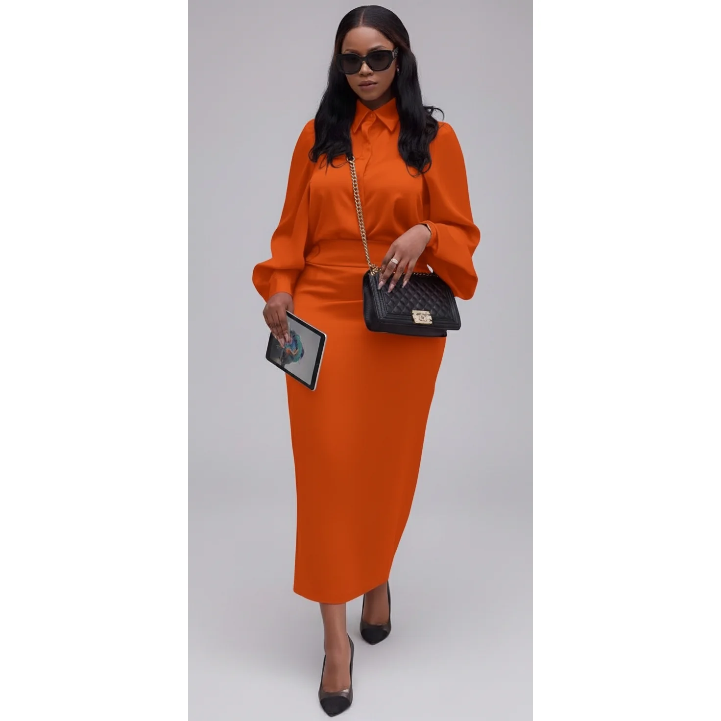 Casual Split Long Sleeve Top And Midi Skirt Set. - Image 3