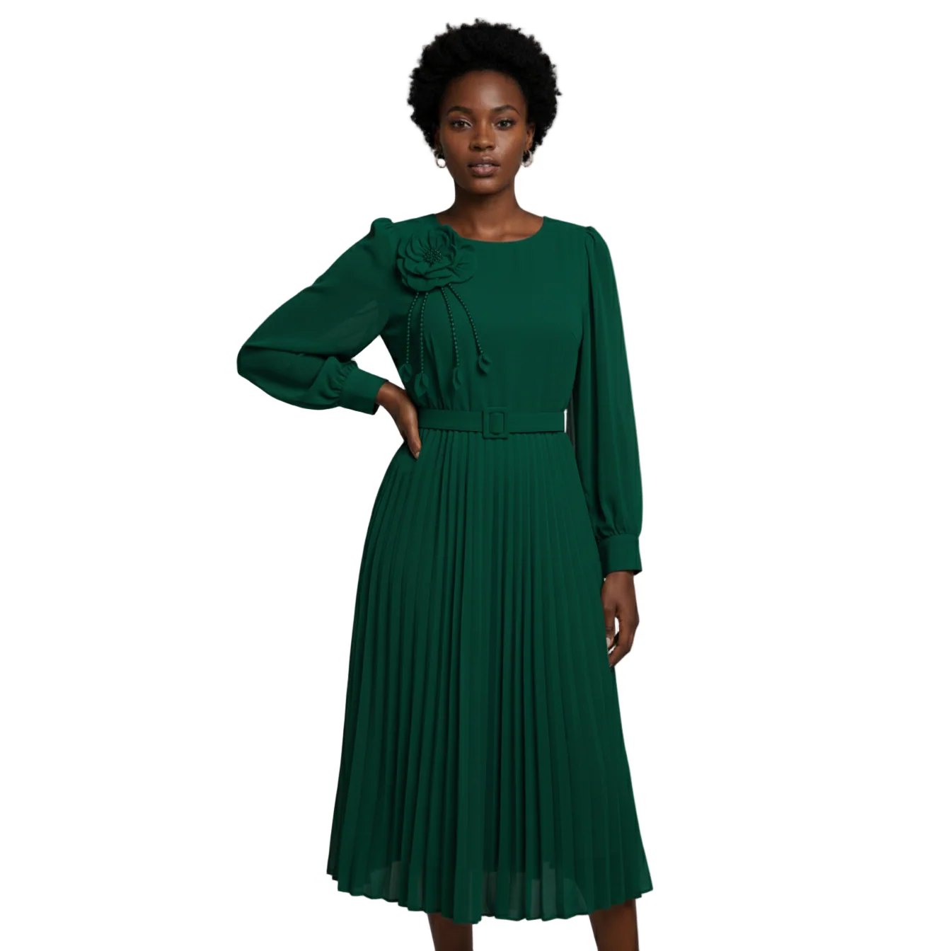 Chic Midi Dress with Pleated Skirt & Floral Detail