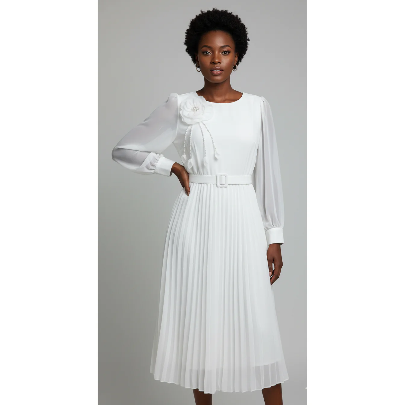 Chic Midi Dress with Pleated Skirt & Floral Detail - Image 2