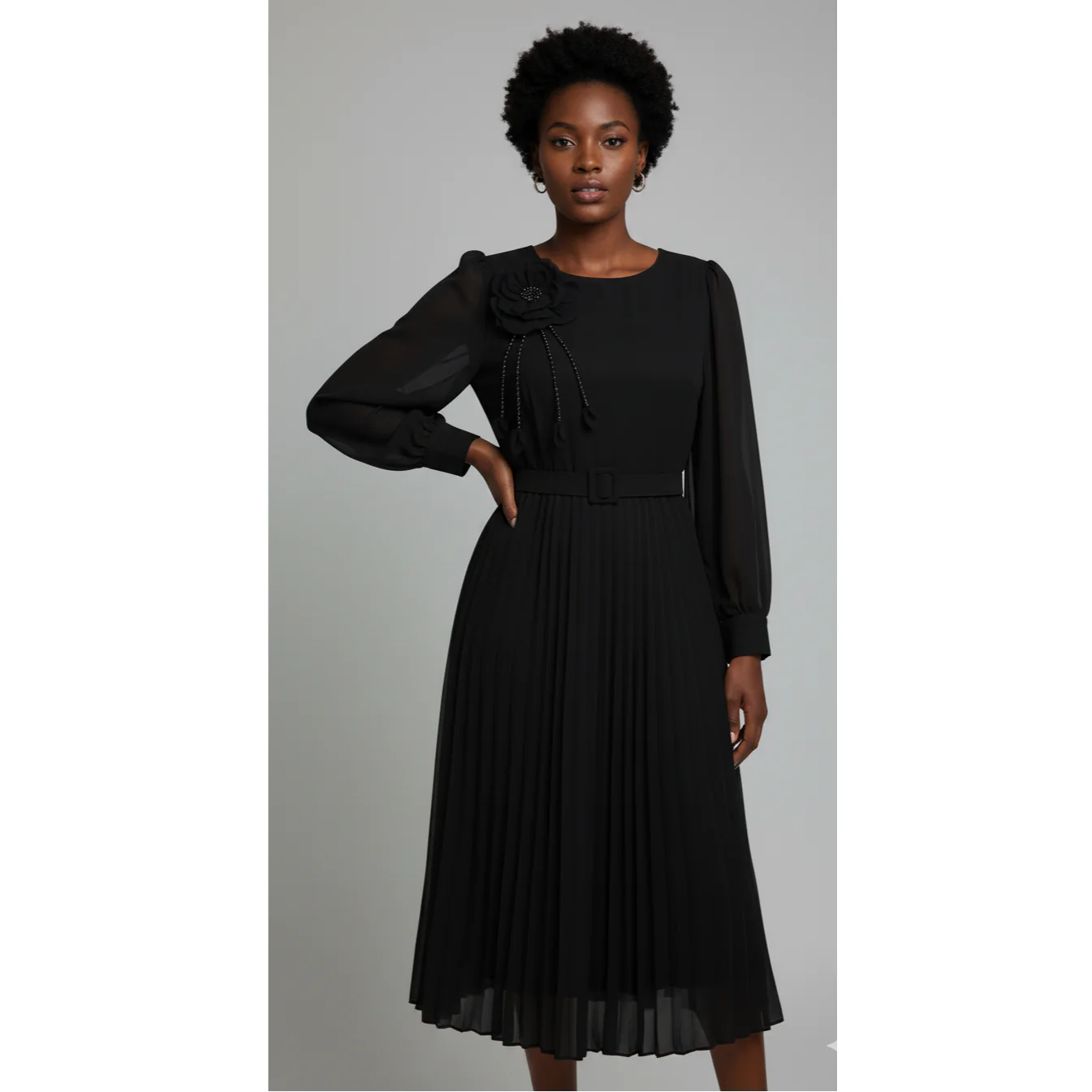 Chic Midi Dress with Pleated Skirt & Floral Detail - Image 3