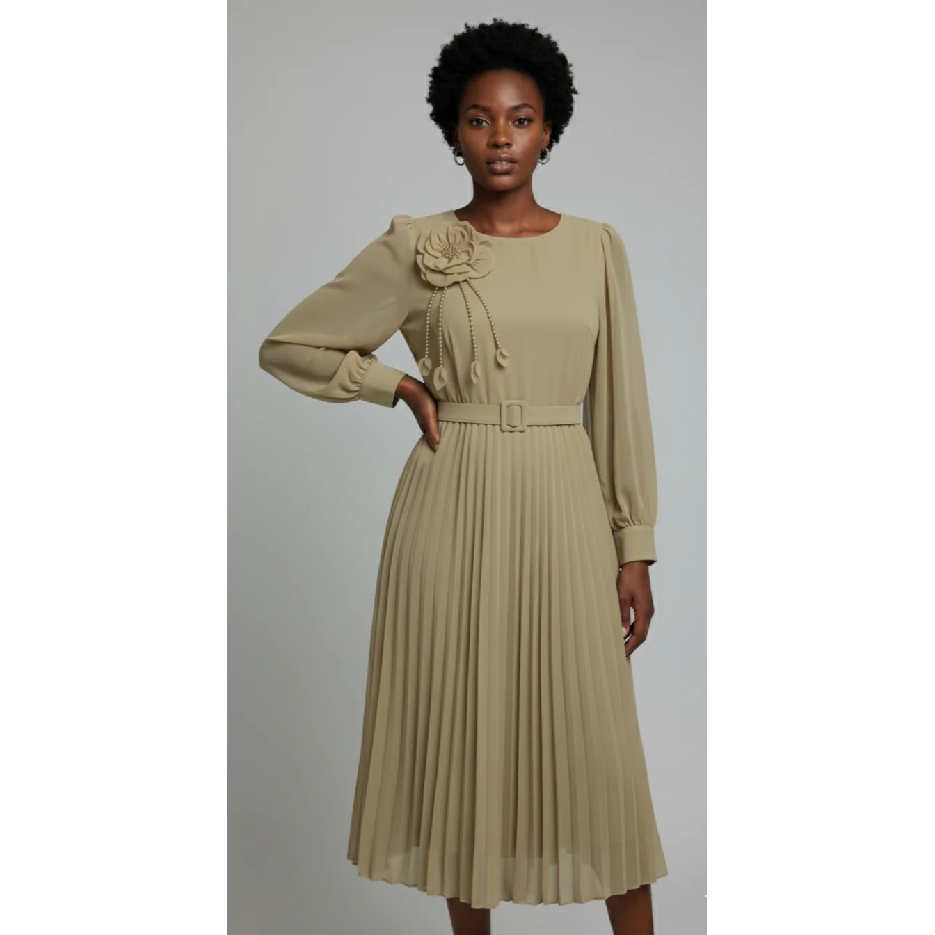 Chic Midi Dress with Pleated Skirt & Floral Detail - Image 4