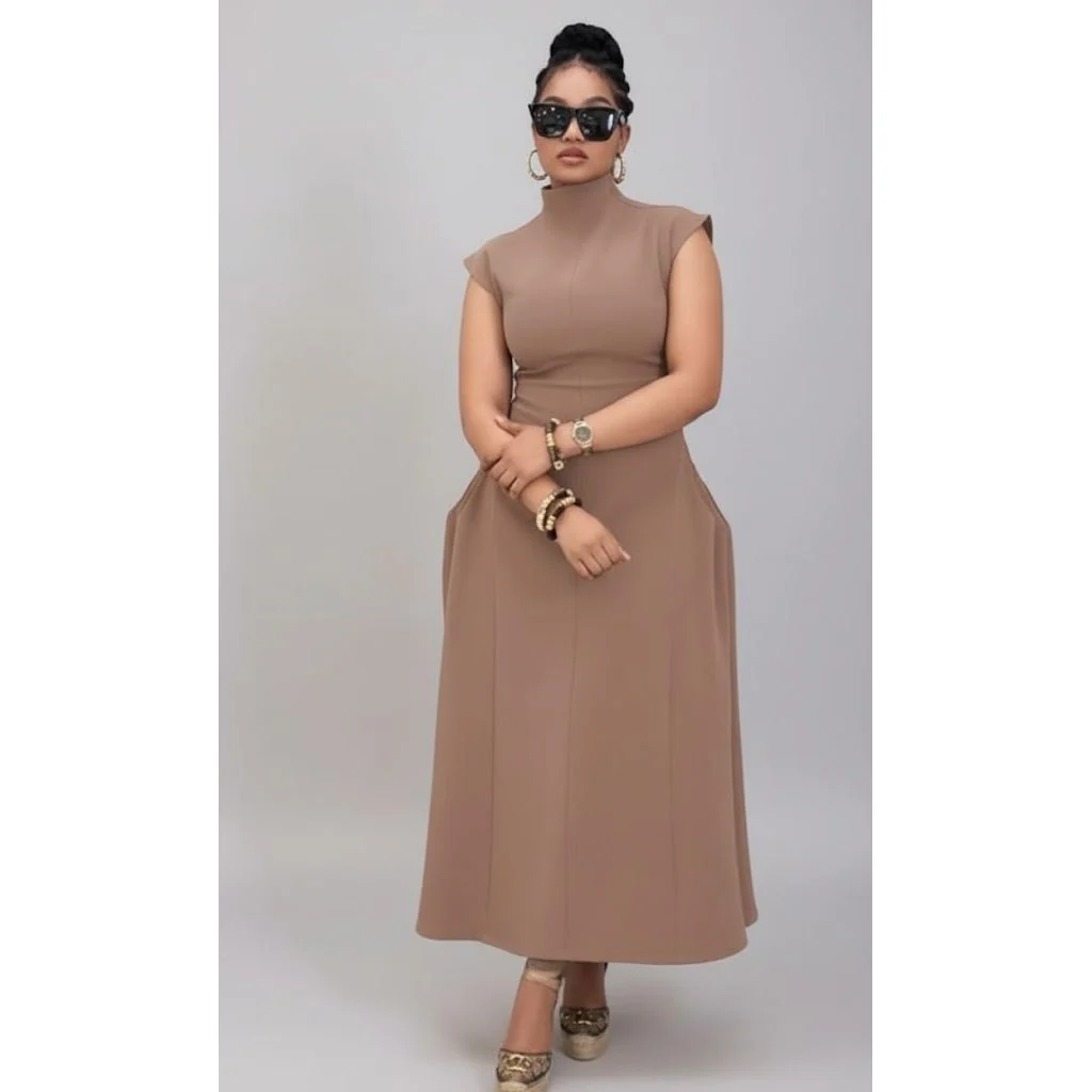 Chic Solid Color High Neck Style Maxi Dress - Image 4