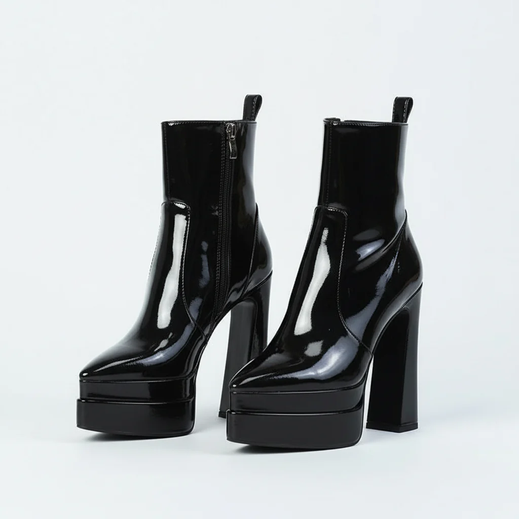 Chunky Platform Thick Leather Heel Boots - Image 2