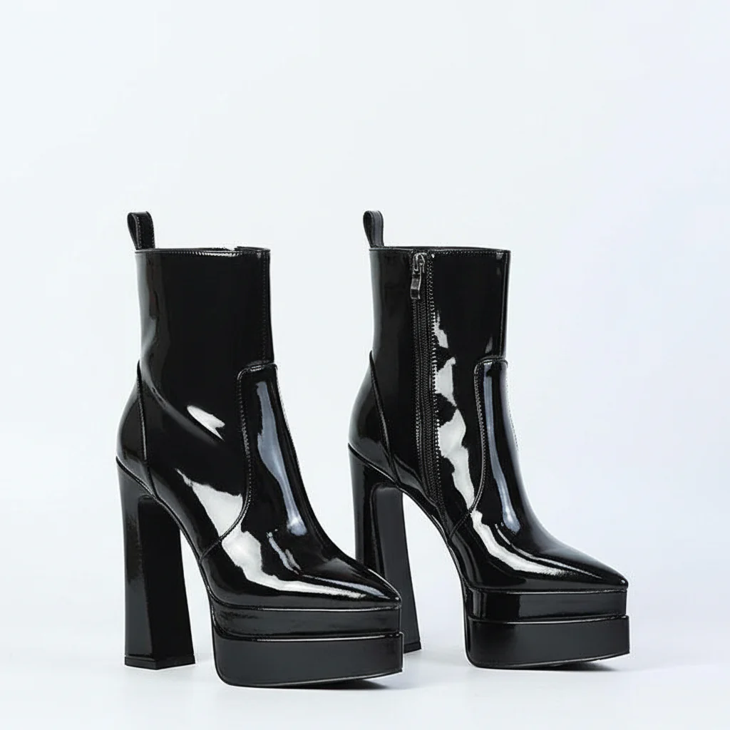 Chunky Platform Thick Leather Heel Boots - Image 3