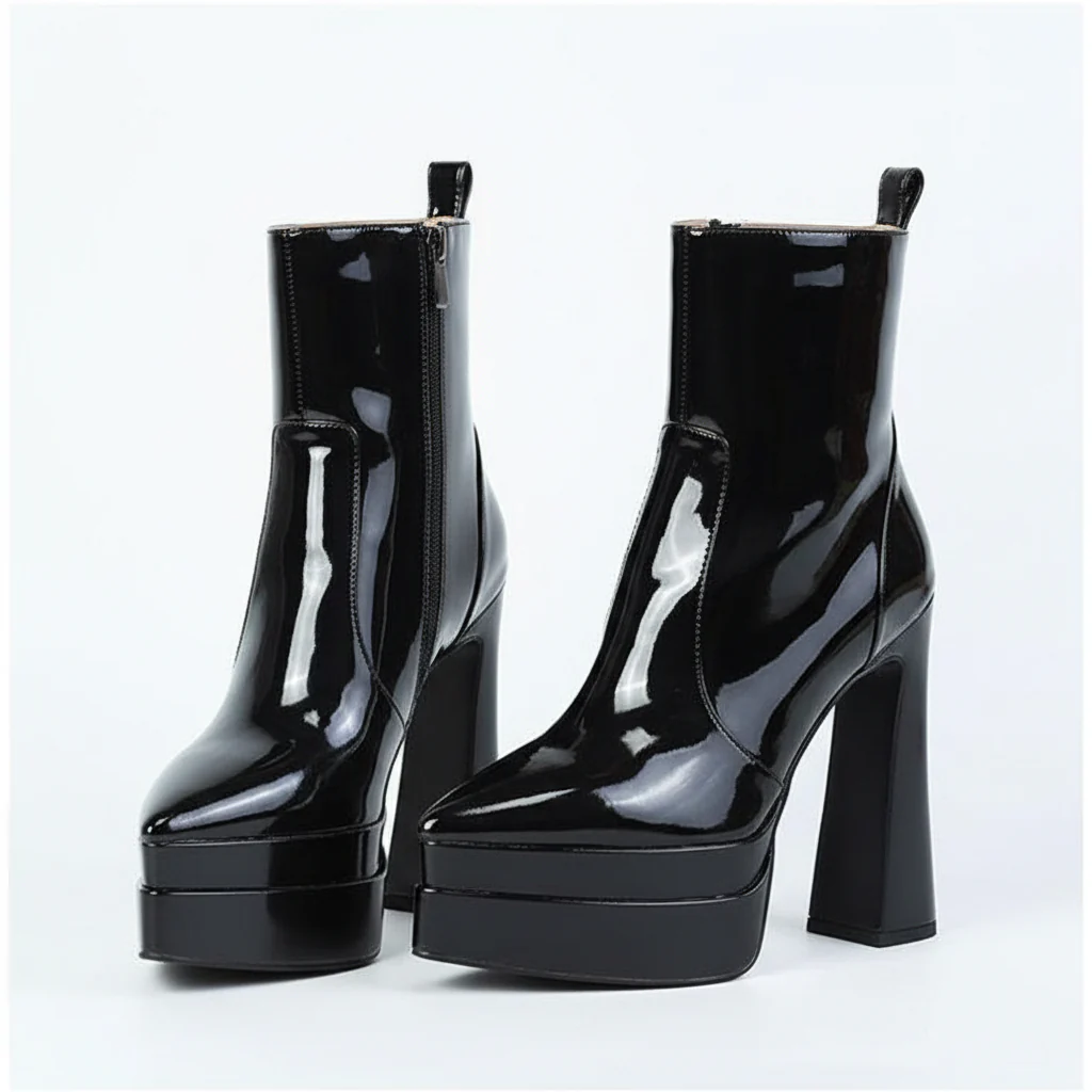 Chunky Platform Thick Leather Heel Boots - Image 5