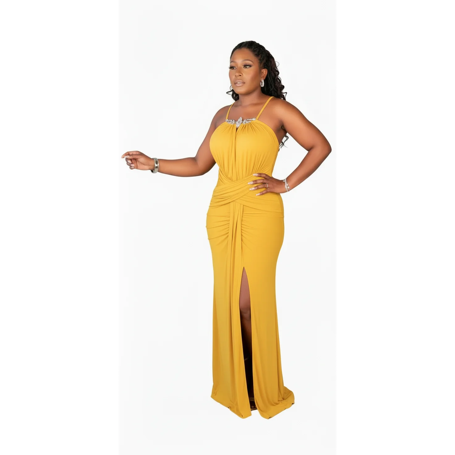 Cinche Patchwork Pleated Sleeveless Maxi Gowns - Image 4