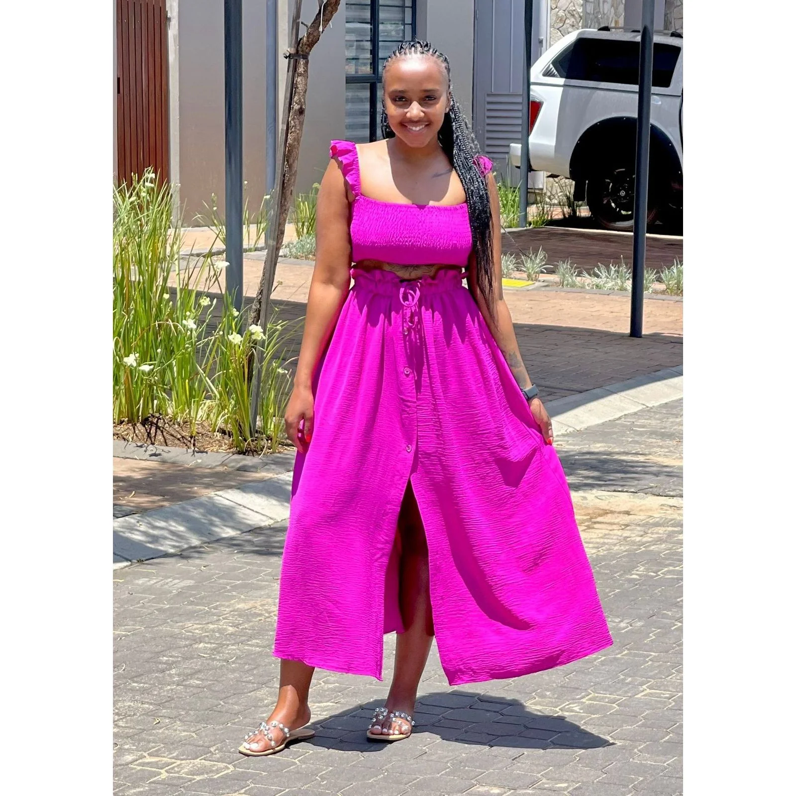 Classy Buttoned Skirt and Off Shoulder Top Set - Image 7