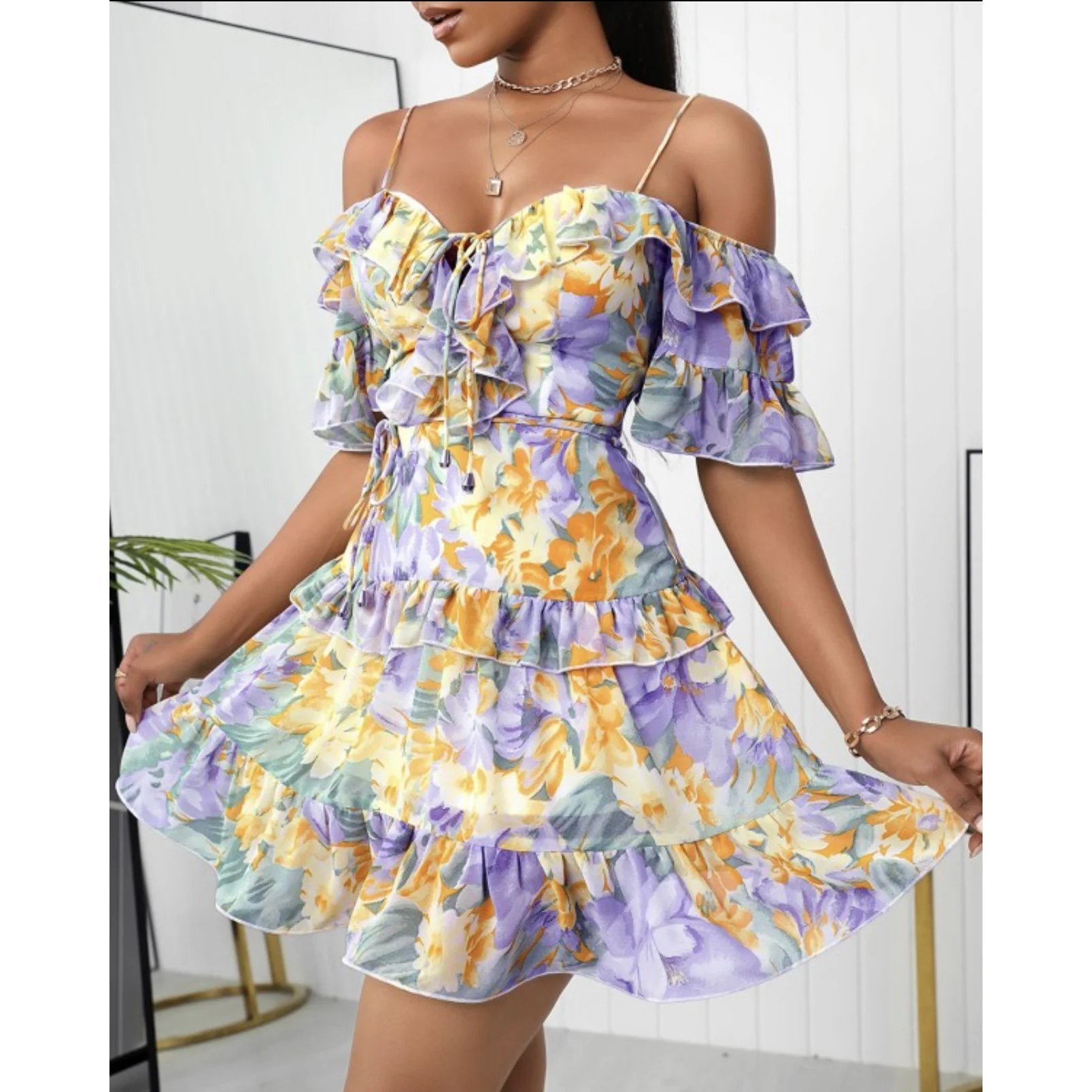 Lace-up Ruffle Floral Mini Dress - Image 4
