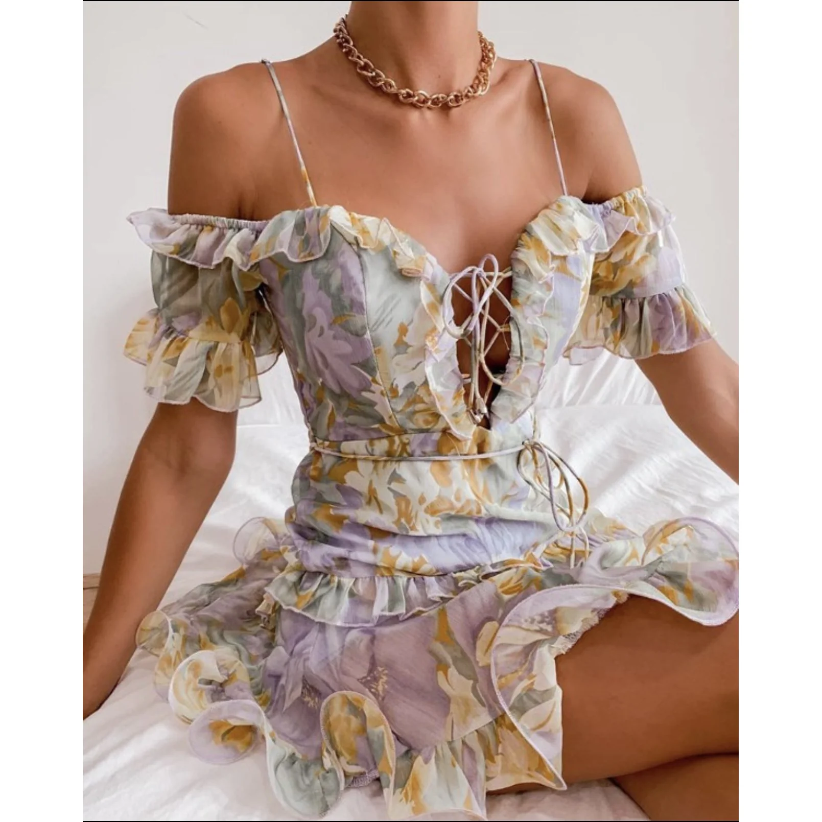 Lace-up Ruffle Floral Mini Dress - Image 7