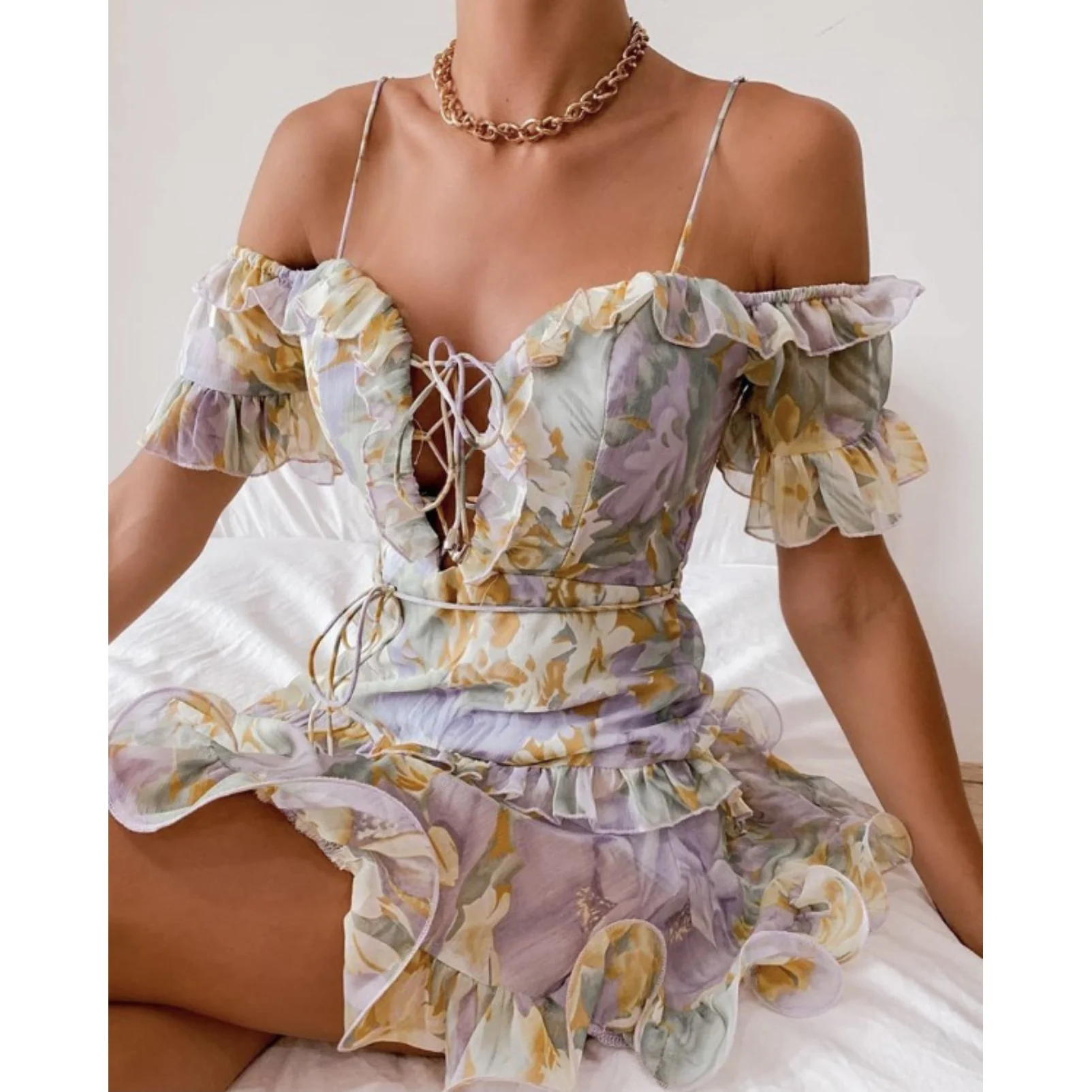 Lace-up Ruffle Floral Mini Dress - Image 8