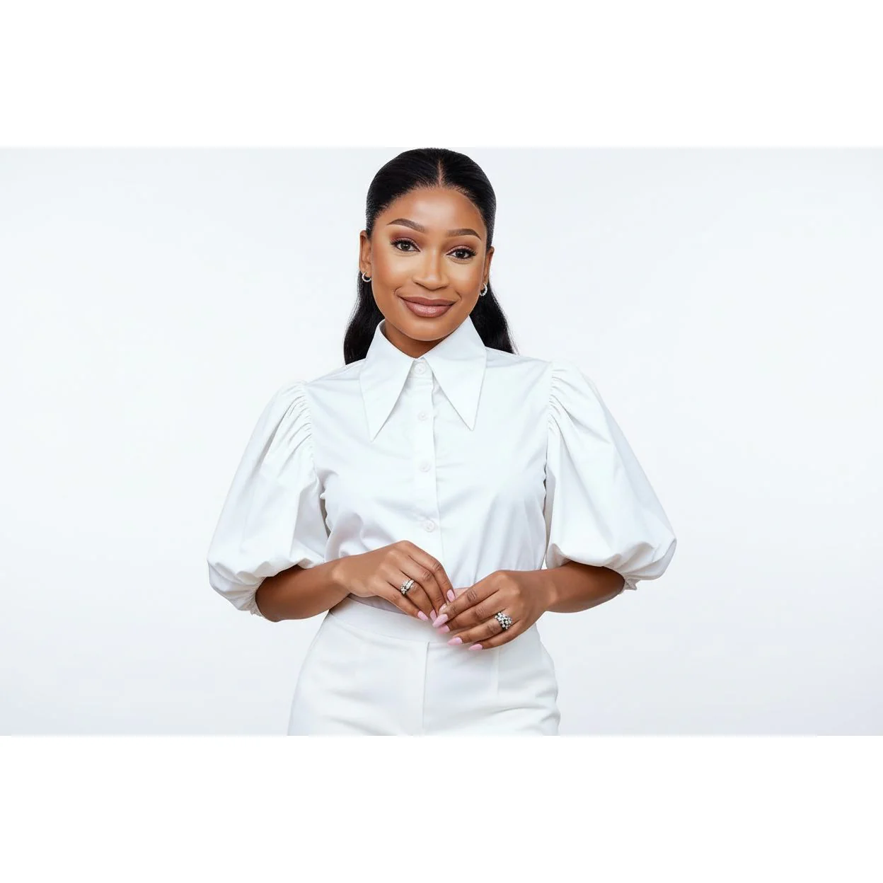 Collared Puff Sleeve Button Down Blouse - Image 2