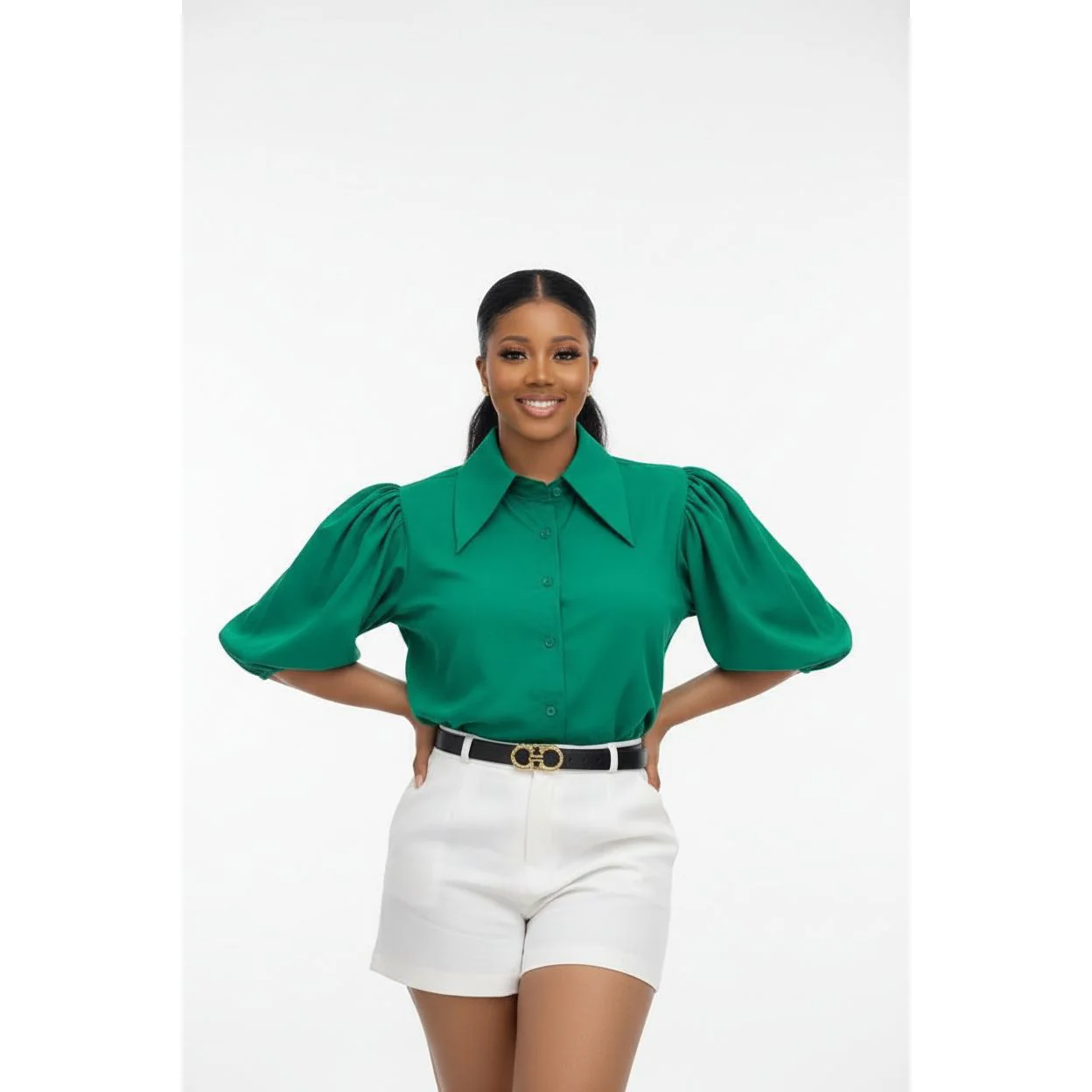 Collared Puff Sleeve Button Down Blouse - Image 3