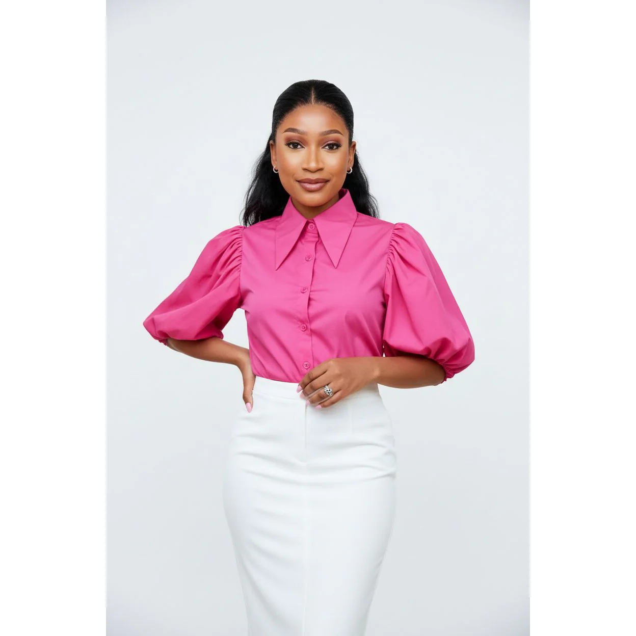Collared Puff Sleeve Button Down Blouse - Image 4