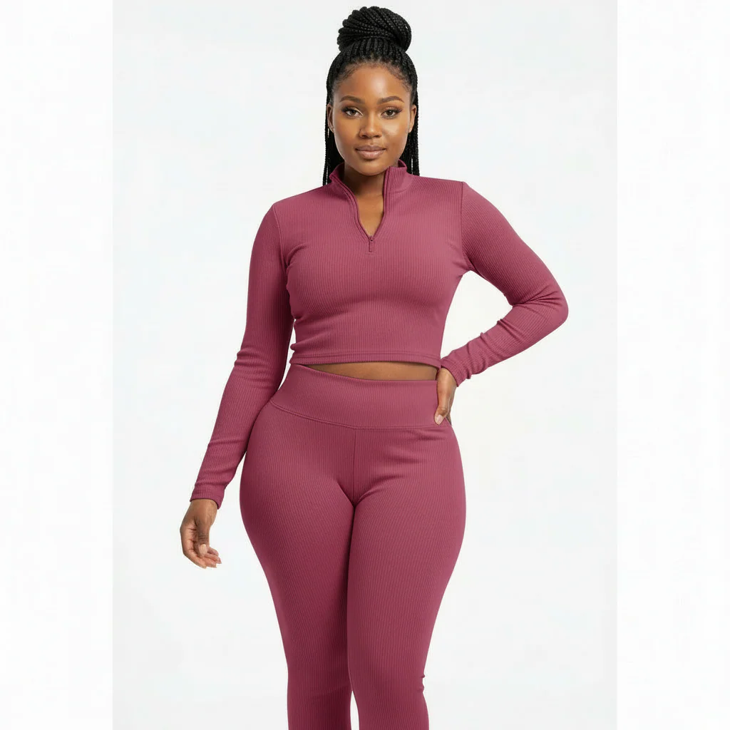 Comfortable Crop Long Sleeve Top & Tight Pants Two Piece Set - Image 4