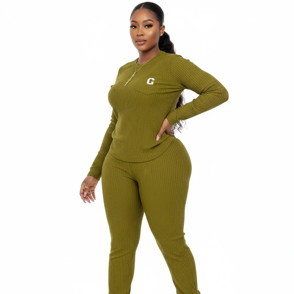 Comfortable Round Neck Ribbed Knitted Plain Colour Long-sleeved Set