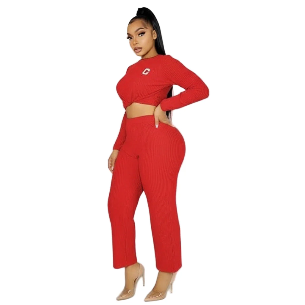 Comfortable Round Neck Ribbed Knitted Plain Colour Long-sleeved Set - Image 2