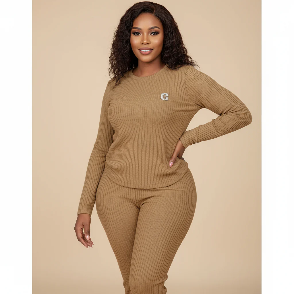 Comfortable Round Neck Ribbed Knitted Plain Colour Long-sleeved Set - Image 3