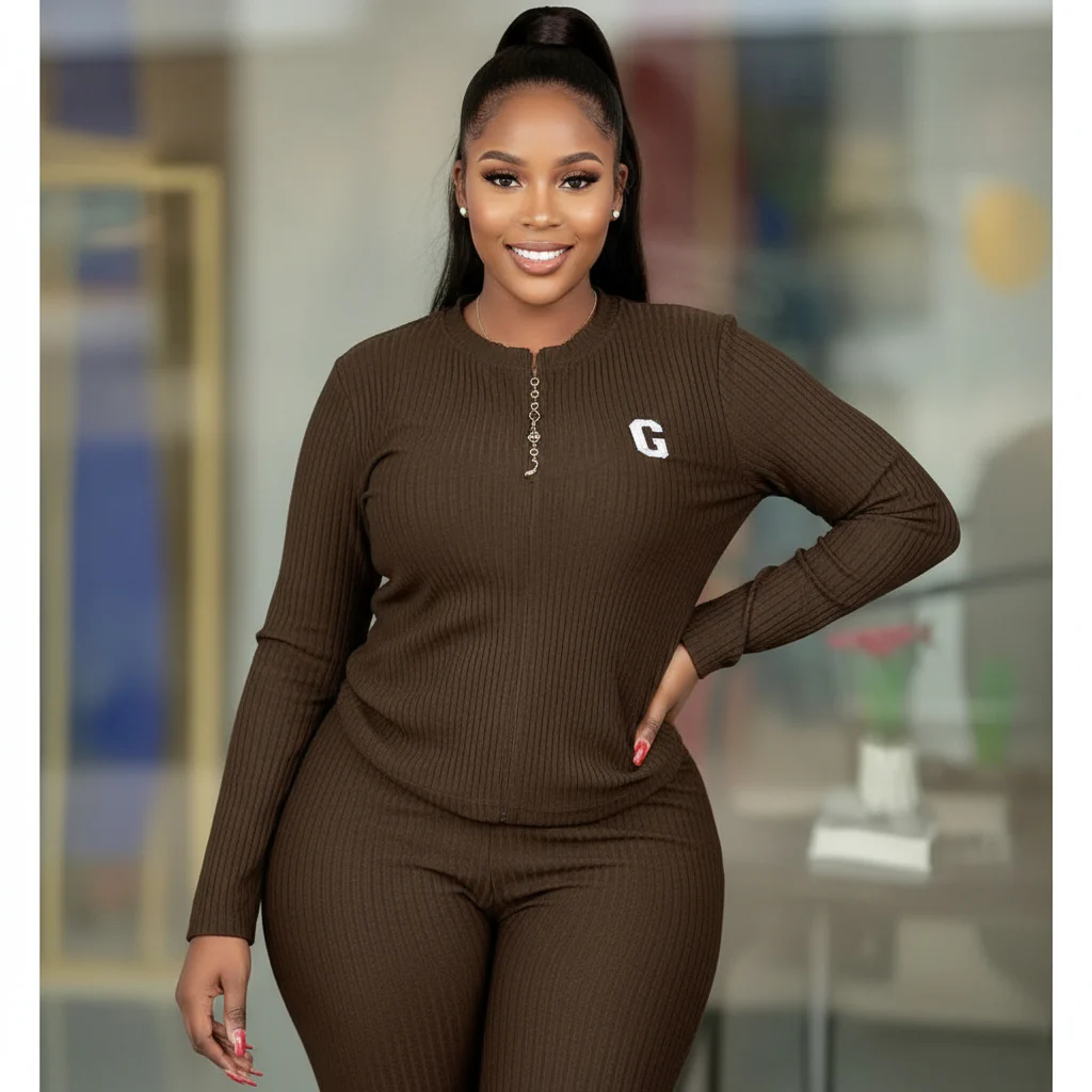 Comfortable Round Neck Ribbed Knitted Plain Colour Long-sleeved Set - Image 4