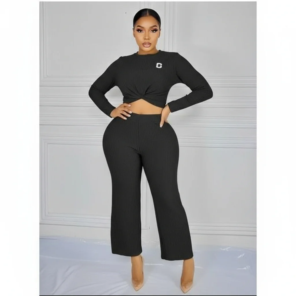 Comfortable Round Neck Ribbed Knitted Plain Colour Long-sleeved Set - Image 5