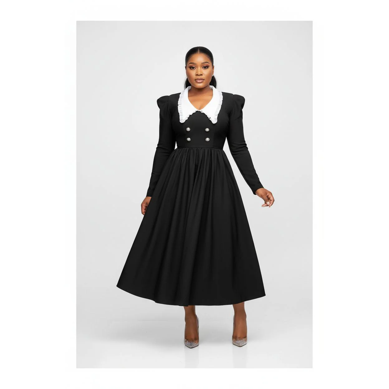 Contrast Collar Fold Pleated Dress - Image 2