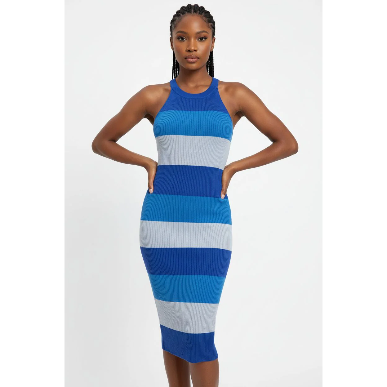 Crew Neck Sleeveless Striped Fitted Sweater Dress